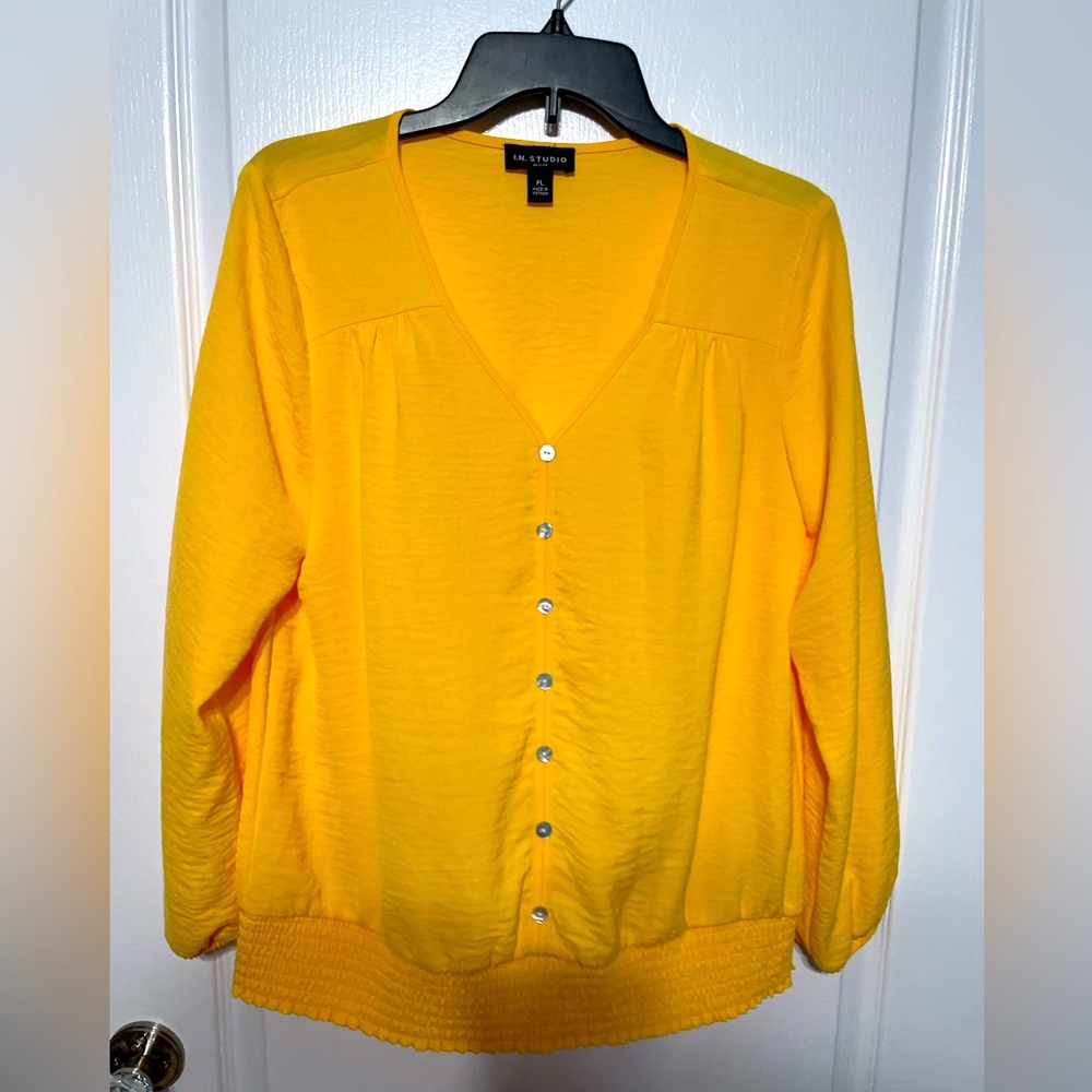 I.N Studio Petite Large long sleeve yellow blouse